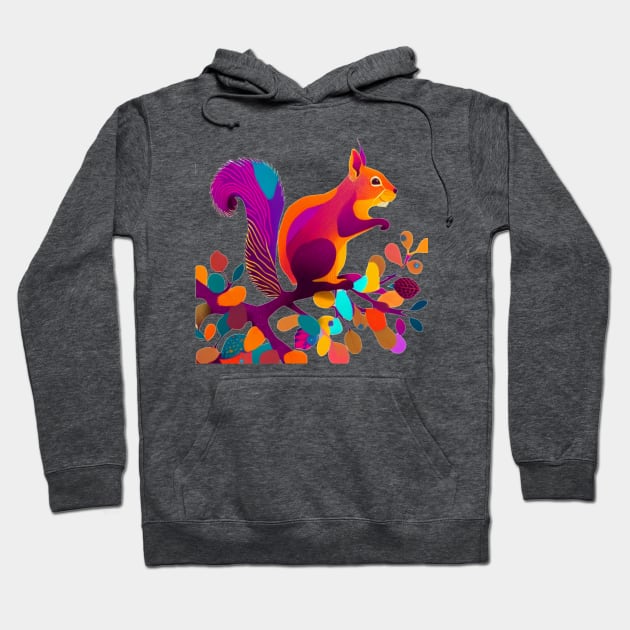 A whimsical, colorful squirrel perched on a branch Hoodie by karma-stuff